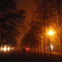 Лучи фонарей сквозь туман